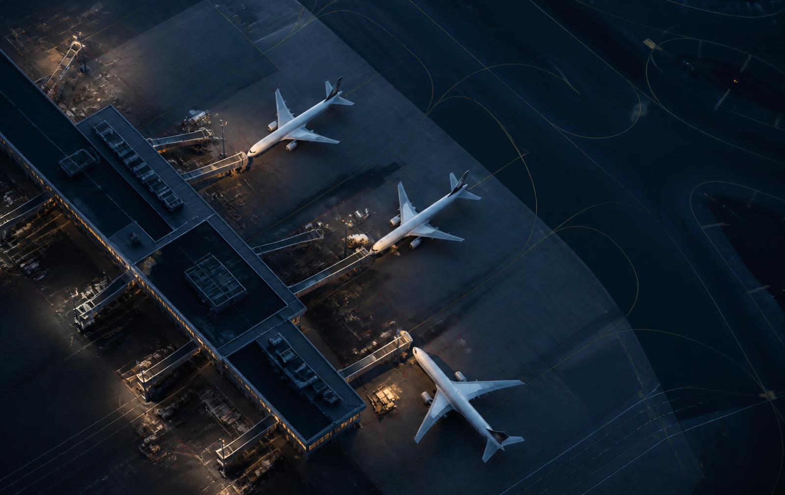 Aerial view of an airport apron and terminal pier at dusk