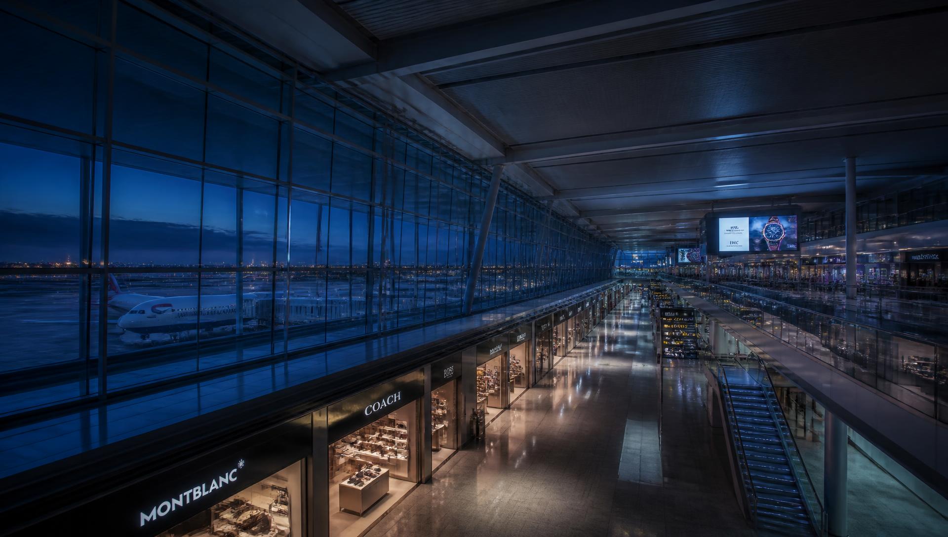 Airport terminal concourse with concession units at dusk